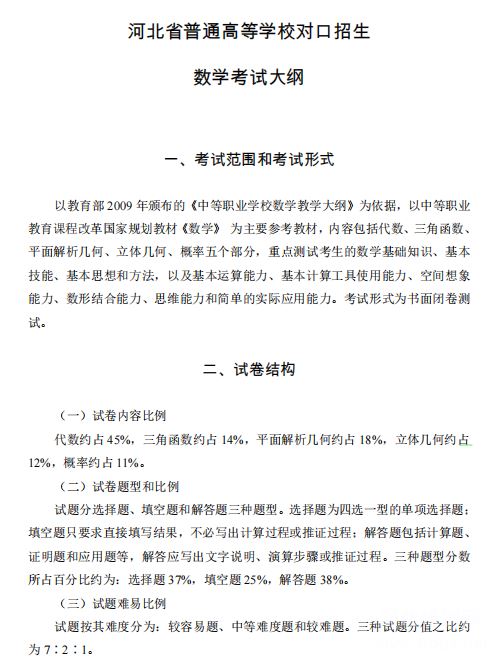 2022年河北省普通高等学校对口招生数学考试大纲第一页